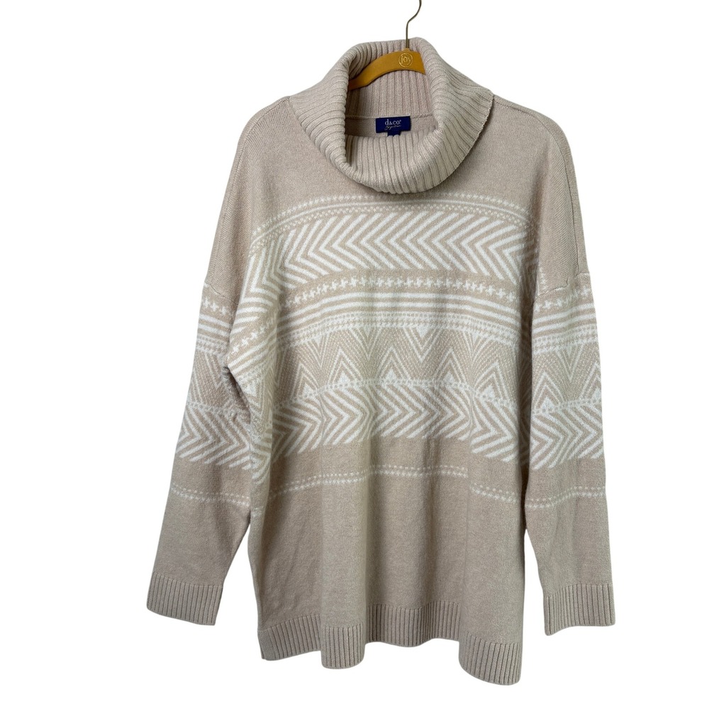 Denim & Co Signature Turtleneck Sweater Size XL Tan Knit Geometric Pullover